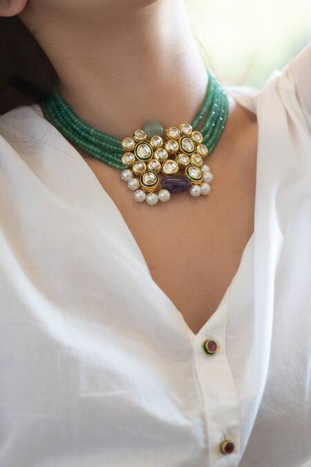 Shop Do Taara Green Jade And Onyx Embellished Necklace Online at Aza Fashions Shop_Do Taara_Green Jade And Onyx Embellished Necklace _Online_at_Aza_Fashions