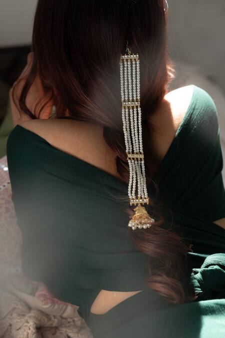 Do Taara Gold Plated Pearls And Kundan Embellished Multistrand Braid Pin Online at Aza Fashions Do Taara_Gold Plated Pearls And Kundan Embellished Multistrand Braid Pin _Online_at_Aza_Fashions