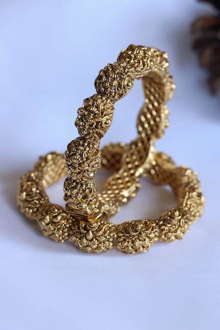 Shop_Do Taara_Gold Plated Carved Temple Bangles-Set of 2 _at_Aza_Fashions