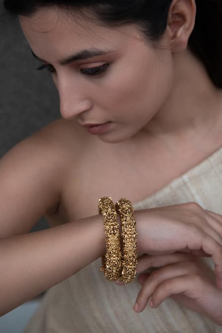 Do Taara_Gold Plated Cut Work Carved Floral Temple Bangles-Set of 2 _Online_at_Aza_Fashions