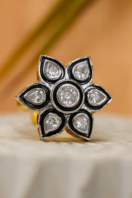 Shop Do Taara Silver Plated Imitation Diamonds Faux Studded Ring at Aza Fashions Shop_Do Taara_Silver Plated Imitation Diamonds Faux Studded Ring _at_Aza_Fashions