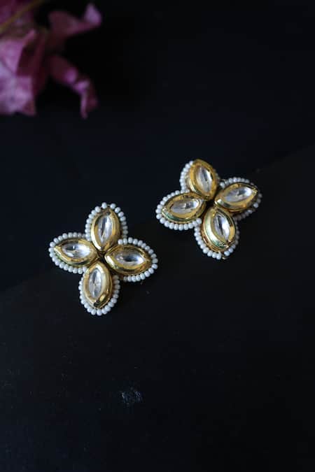 Shop Do Taara Gold Plated Pearls, Stones Kundan Floral Stud Earrings at Aza Fashions Shop_Do Taara_Gold Plated Pearls, Stones Kundan Floral Stud Earrings _at_Aza_Fashions