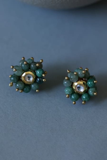 Shop Do Taara Green Stones, Beads Onyx Cluster Stud Earrings at Aza Fashions Shop_Do Taara_Green Stones, Beads Onyx Cluster Stud Earrings _at_Aza_Fashions