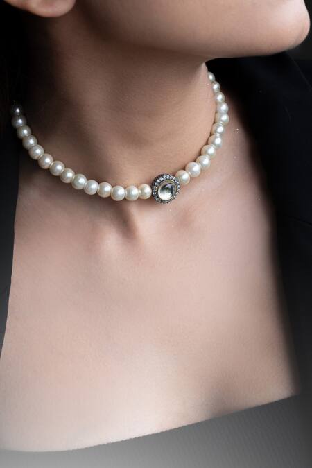 Do Taara_Silver Plated Pearl Polki Studded Choker _Online_at_Aza_Fashions