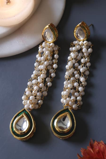 Shop_Do Taara_Gold Plated Pearl Tassel Drop Earrings _at_Aza_Fashions