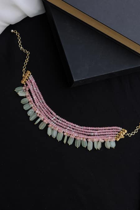 Shop_Do Taara_Pink Natural Stone Onyx Multi-strand Drop Choker _at_Aza_Fashions