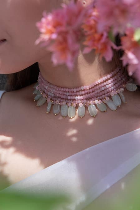 Do Taara_Pink Natural Stone Onyx Multi-strand Drop Choker _Online_at_Aza_Fashions