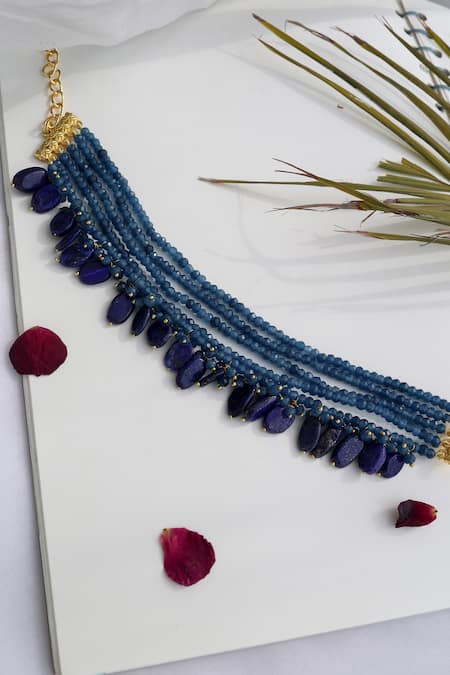 Shop_Do Taara_Blue Natural Stone Multi-strand Onyx Drop Choker _at_Aza_Fashions