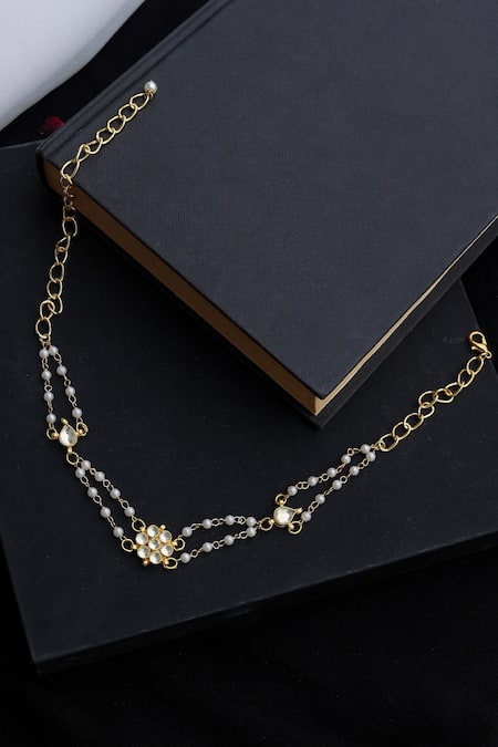 Shop_Do Taara_Gold Plated Stone Studded Pearl Choker _at_Aza_Fashions
