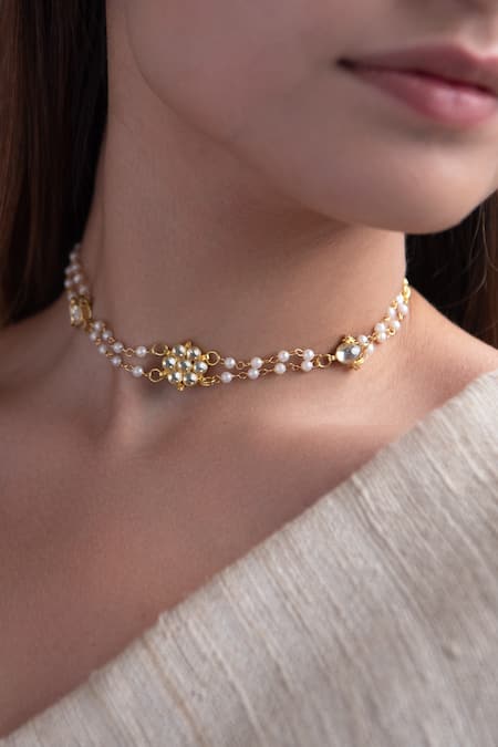 Do Taara_Gold Plated Stone Studded Pearl Choker _Online_at_Aza_Fashions