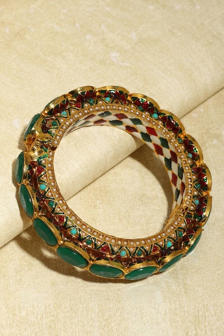 Shop Ruby Raang Green Kundan Embellished Meenakari Bangle at Aza Fashions Shop_Ruby Raang_Green Kundan Embellished Meenakari Bangle _at_Aza_Fashions