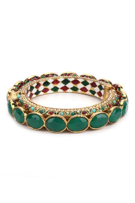 Ruby Raang Green Kundan Embellished Meenakari Bangle Online at Aza Fashions Ruby Raang_Green Kundan Embellished Meenakari Bangle _Online_at_Aza_Fashions