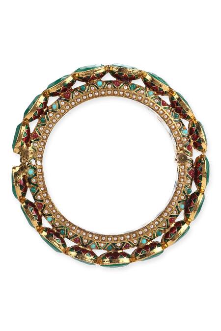 Shop Ruby Raang Green Kundan Embellished Meenakari Bangle Online at Aza Fashions Shop_Ruby Raang_Green Kundan Embellished Meenakari Bangle _Online_at_Aza_Fashions