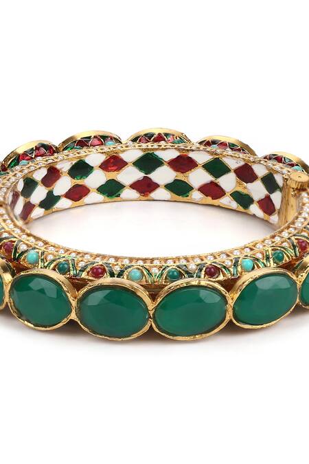 Ruby Raang Green Kundan Embellished Meenakari Bangle at Aza Fashions Ruby Raang_Green Kundan Embellished Meenakari Bangle _at_Aza_Fashions