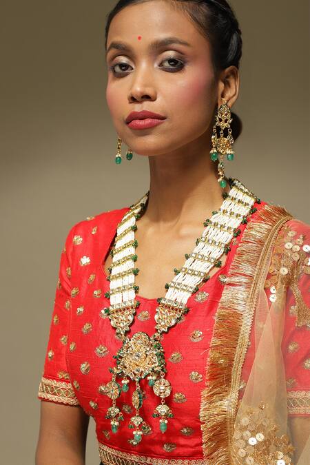 Ruby Raang_Gold Plated Beads, Diamonds Floral Cutwork Pendant Necklace Set_Online_at_Aza_Fashions