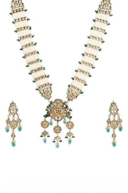 Buy_Ruby Raang_Gold Plated Beads, Diamonds Floral Cutwork Pendant Necklace Set_Online_at_Aza_Fashions