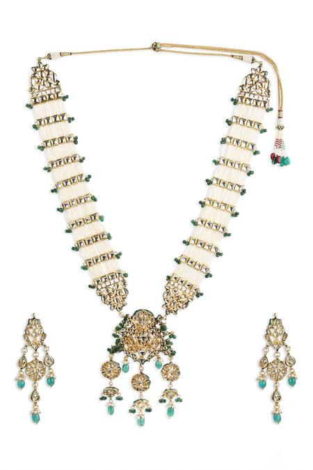 Shop_Ruby Raang_Gold Plated Beads, Diamonds Floral Cutwork Pendant Necklace Set_Online_at_Aza_Fashions
