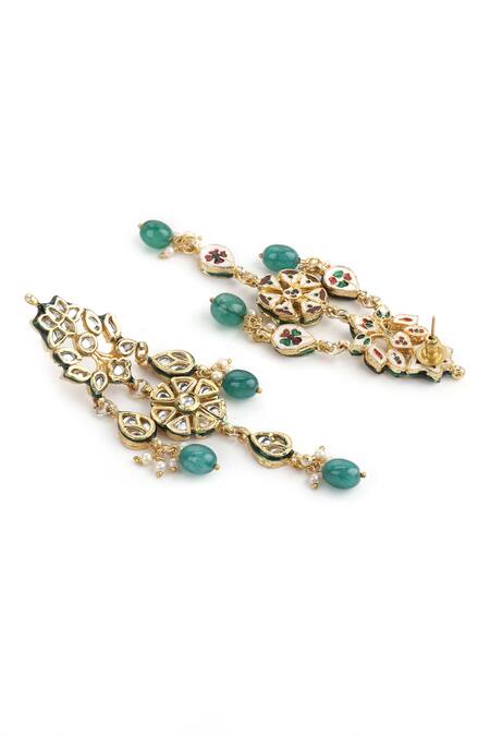 Ruby Raang_Gold Plated Beads, Diamonds Floral Cutwork Pendant Necklace Set_at_Aza_Fashions