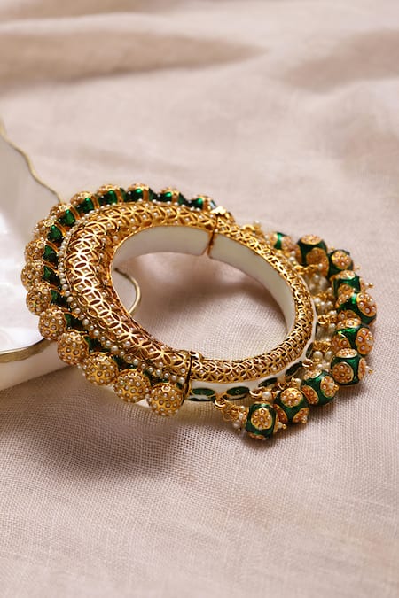 Shop_Ruby Raang_Green Beads Meenakari Embellished Bangle _at_Aza_Fashions
