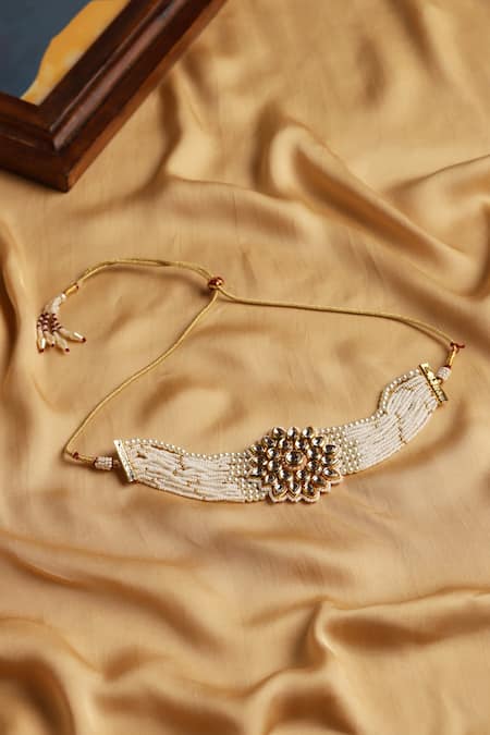 Shop Ruby Raang White Beads Embellished Choker Necklace at Aza Fashions Shop_Ruby Raang_White Beads Embellished Choker Necklace _at_Aza_Fashions