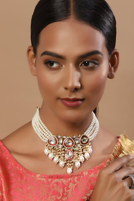 Ruby Raang Pearls Embellished Choker Necklace 