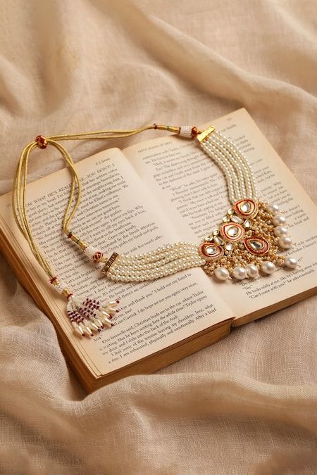 Shop_Ruby Raang_Gold Plated Kundan Pearl Embellished Choker Necklace _at_Aza_Fashions