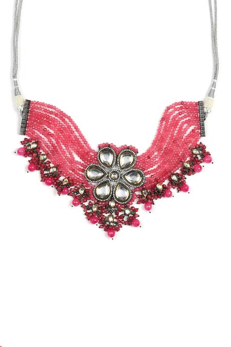 Ruby Raang_Pink Beads Hand Work Choker Necklace_Online_at_Aza_Fashions