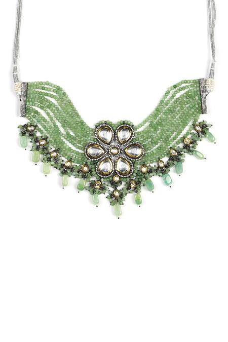 Ruby Raang_Green Kundan Beaded Choker Necklace_Online_at_Aza_Fashions