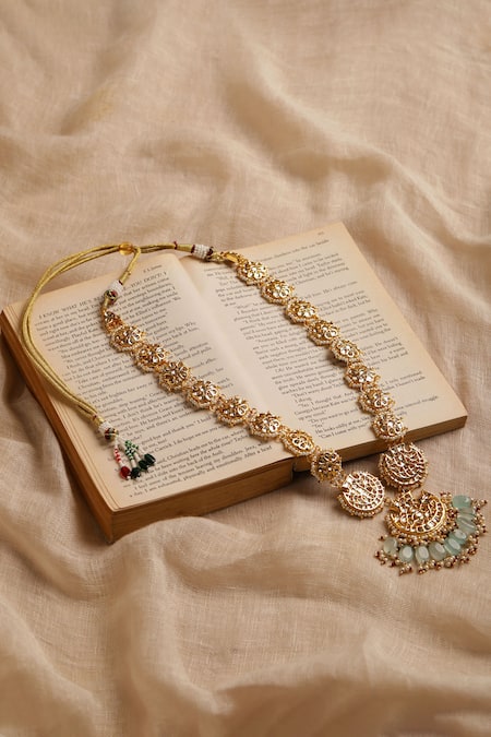 Shop_Ruby Raang_Gold Plated Hand Embellished Long Pendant Necklace _at_Aza_Fashions