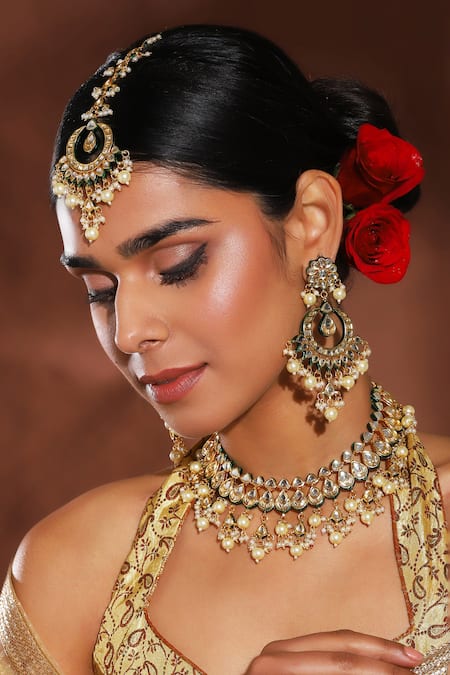 Ruby Raang Gold Plated Kundan Teardrop Bloom Jewellery Set 