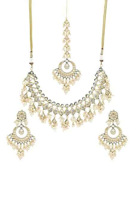 Ruby Raang_Gold Plated Pearls, Gota Patti Teardrop Bloom Kundan Jewellery Set _Online_at_Aza_Fashions
