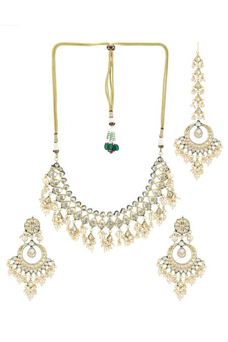 Buy_Ruby Raang_Gold Plated Pearls, Gota Patti Teardrop Bloom Kundan Jewellery Set _Online_at_Aza_Fashions