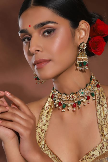 Ruby Raang Multi Color Kundan Floret Bloom Jewellery Set 