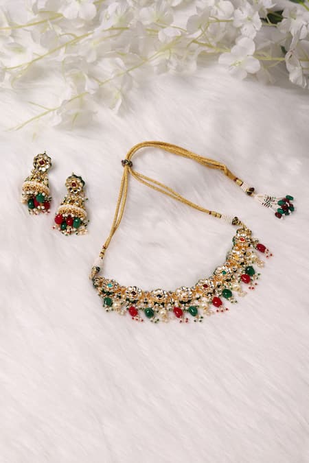 Shop Ruby Raang Multi Color Pearls, Stones, Gota Patti Floret Bloom Kundan Jewellery Set at Aza Fashions Shop_Ruby Raang_Multi Color Pearls, Stones, Gota Patti Floret Bloom Kundan Jewellery Set _at_Aza_Fashions