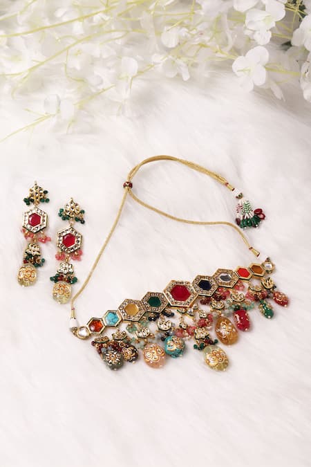 Shop_Ruby Raang_Multi Color Beads, Stones, Diamonds Geometric Padma Bloom Kundan Jewellery Set _at_Aza_Fashions