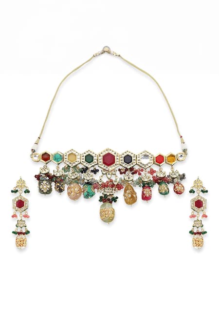 Ruby Raang_Multi Color Beads, Stones, Diamonds Geometric Padma Bloom Kundan Jewellery Set _Online_at_Aza_Fashions