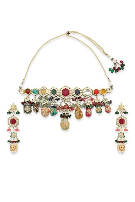 Buy_Ruby Raang_Multi Color Beads, Stones, Diamonds Geometric Padma Bloom Kundan Jewellery Set _Online_at_Aza_Fashions