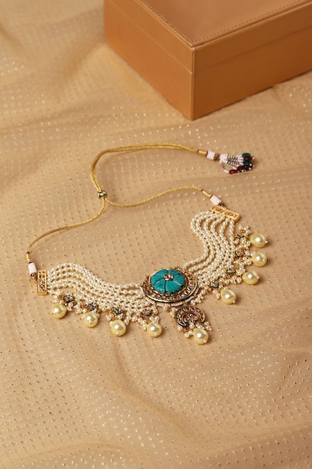 Shop Ruby Raang White Amyra Kundan And Pearl Choker Necklace at Aza Fashions Shop_Ruby Raang_White Amyra Kundan And Pearl Choker Necklace _at_Aza_Fashions
