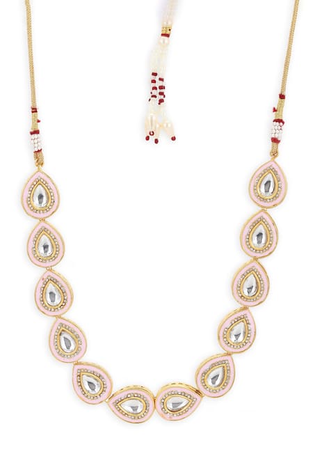 Ruby Raang_Pink Sparkling Teardrop Kundan Necklace _Online_at_Aza_Fashions