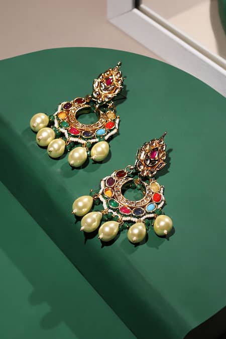 Shop Ruby Raang Multi Color Pearls, Stones, Diamonds Noor Kundan And Embellished Chandbalis at Aza Fashions Shop_Ruby Raang_Multi Color Pearls, Stones, Diamonds Noor Kundan And Embellished Chandbalis _at_Aza_Fashions