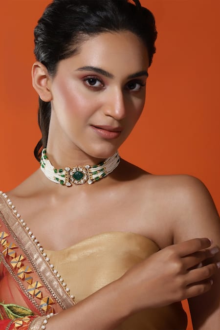 Ruby Raang Green Kundan Phoolan And Crystal Stone Embellished Choker 