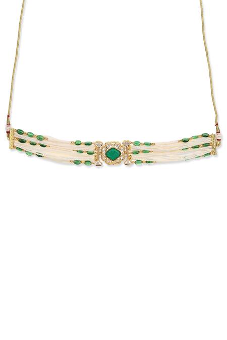 Ruby Raang_Green Phoolan Kundan And Crystal Choker_Online_at_Aza_Fashions