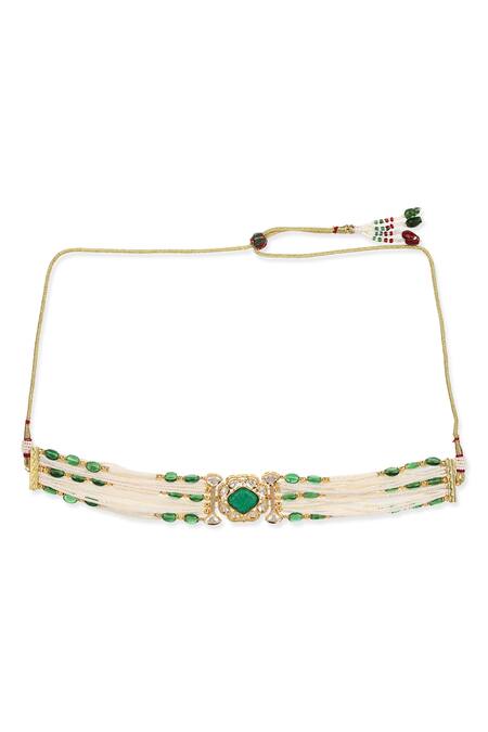 Buy_Ruby Raang_Green Phoolan Kundan And Crystal Choker_Online_at_Aza_Fashions