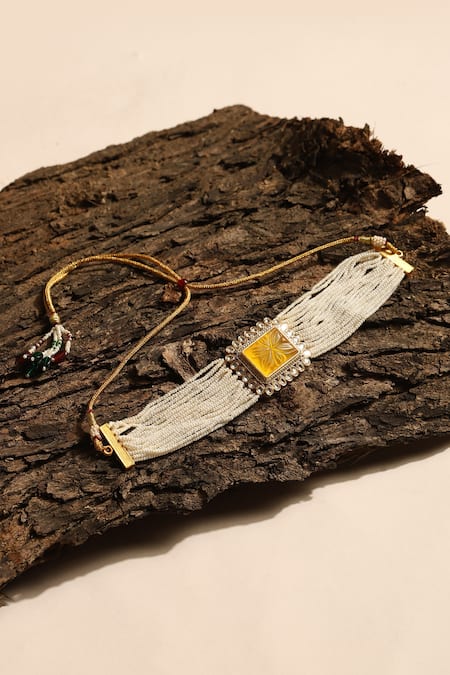 Shop Ruby Raang Yellow Quad Bloom Kundan And Crystal Stone Embellished Choker at Aza Fashions Shop_Ruby Raang_Yellow Quad Bloom Kundan And Crystal Stone Embellished Choker _at_Aza_Fashions