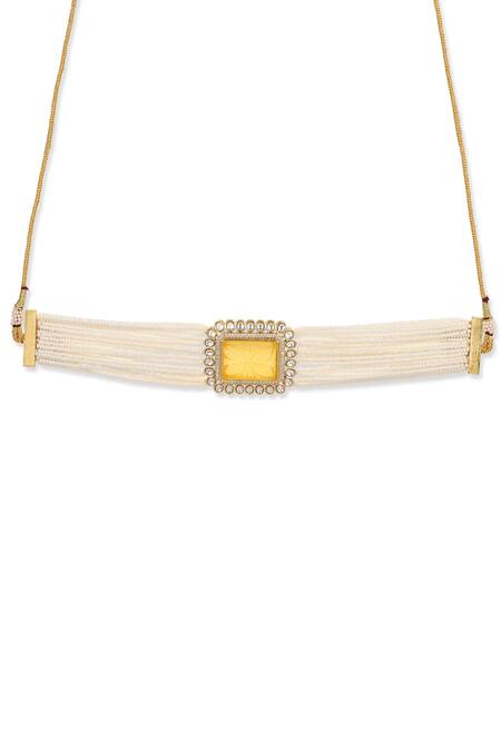 Ruby Raang Yellow Quad Bloom Kundan And Crystal Stone Embellished Choker Online at Aza Fashions Ruby Raang_Yellow Quad Bloom Kundan And Crystal Stone Embellished Choker _Online_at_Aza_Fashions