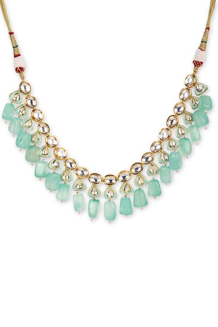 Ruby Raang_Green Amaryllis Kundan And Crystal Stone Embellished Necklace _Online_at_Aza_Fashions