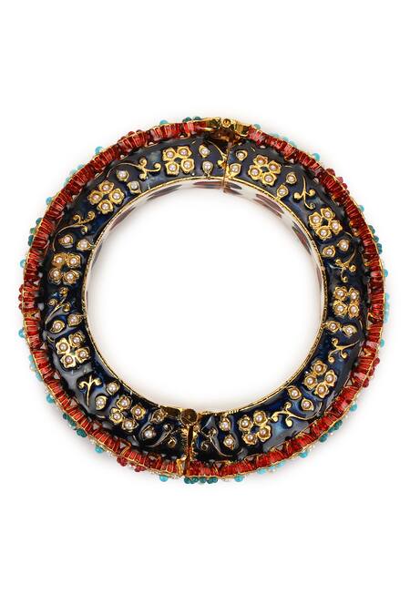 Shop Ruby Raang Blue Stones, Zari Embellished Kundan Bangle Online at Aza Fashions Shop_Ruby Raang_Blue Stones, Zari Embellished Kundan Bangle _Online_at_Aza_Fashions