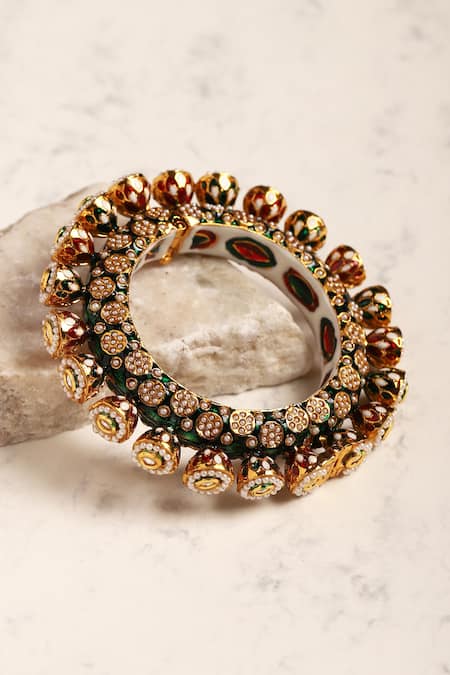 Shop Ruby Raang Green Metallic Thread, Zari Enamelled Kundan Embellished Bangle - Single Pc at Aza Fashions Shop_Ruby Raang_Green Metallic Thread, Zari Enamelled Kundan Embellished Bangle - Single Pc _at_Aza_Fashions