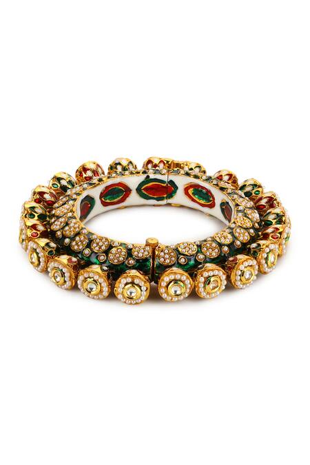 Ruby Raang Green Metallic Thread, Zari Enamelled Kundan Embellished Bangle - Single Pc Online at Aza Fashions Ruby Raang_Green Metallic Thread, Zari Enamelled Kundan Embellished Bangle - Single Pc _Online_at_Aza_Fashions