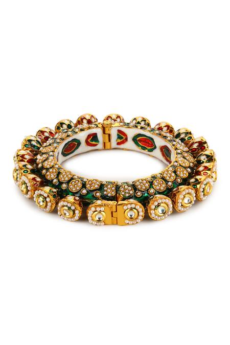 Buy Ruby Raang Green Metallic Thread, Zari Enamelled Kundan Embellished Bangle - Single Pc Online at Aza Fashions Buy_Ruby Raang_Green Metallic Thread, Zari Enamelled Kundan Embellished Bangle - Single Pc _Online_at_Aza_Fashions